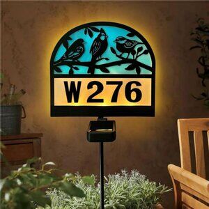 Solar House Numbers Yard Sign Stake, Solar Powered Lights Metal Playful Bird